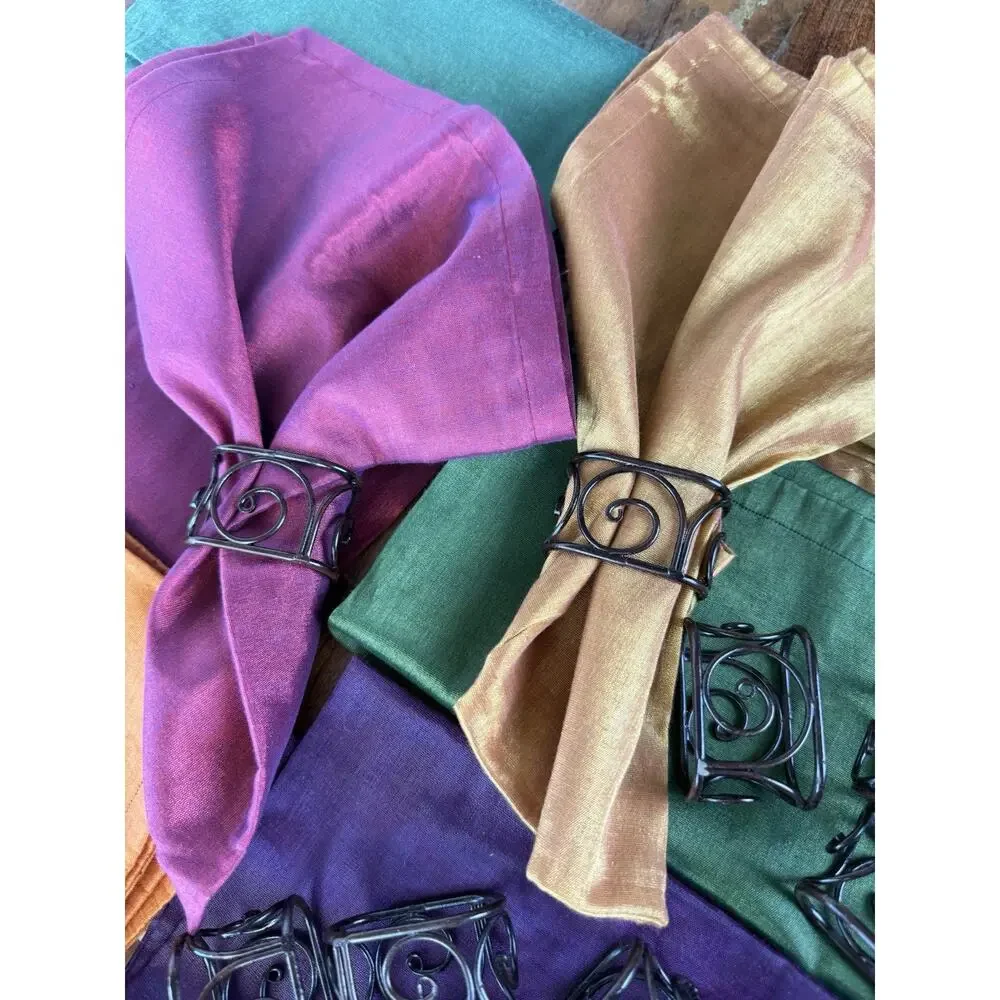 Crate & Barrel Elan 12 Jewel Tone Napkins 12 Metal Rings Bark Basket Set Fall